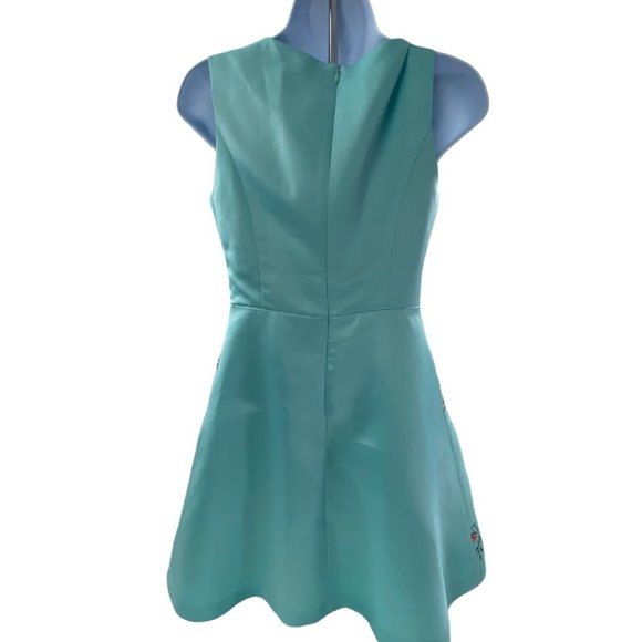 NWOT Sky Blue Embroidered Floral A-line Sleeveless Satin Sundress size Small - Picture 3 of 9